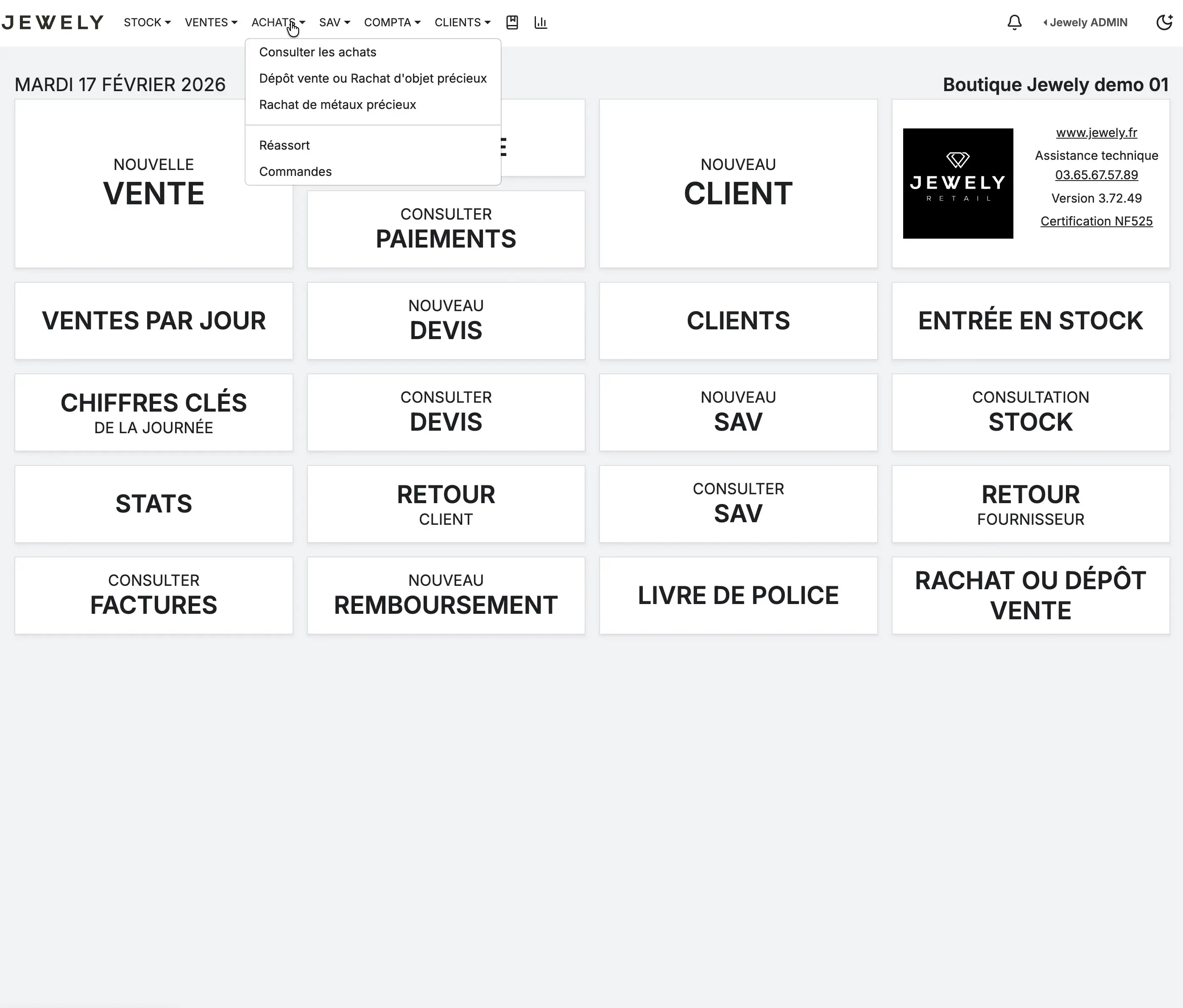 Il menu ACQUISTI è aperto con l'opzione per visualizzare gli acquisti.