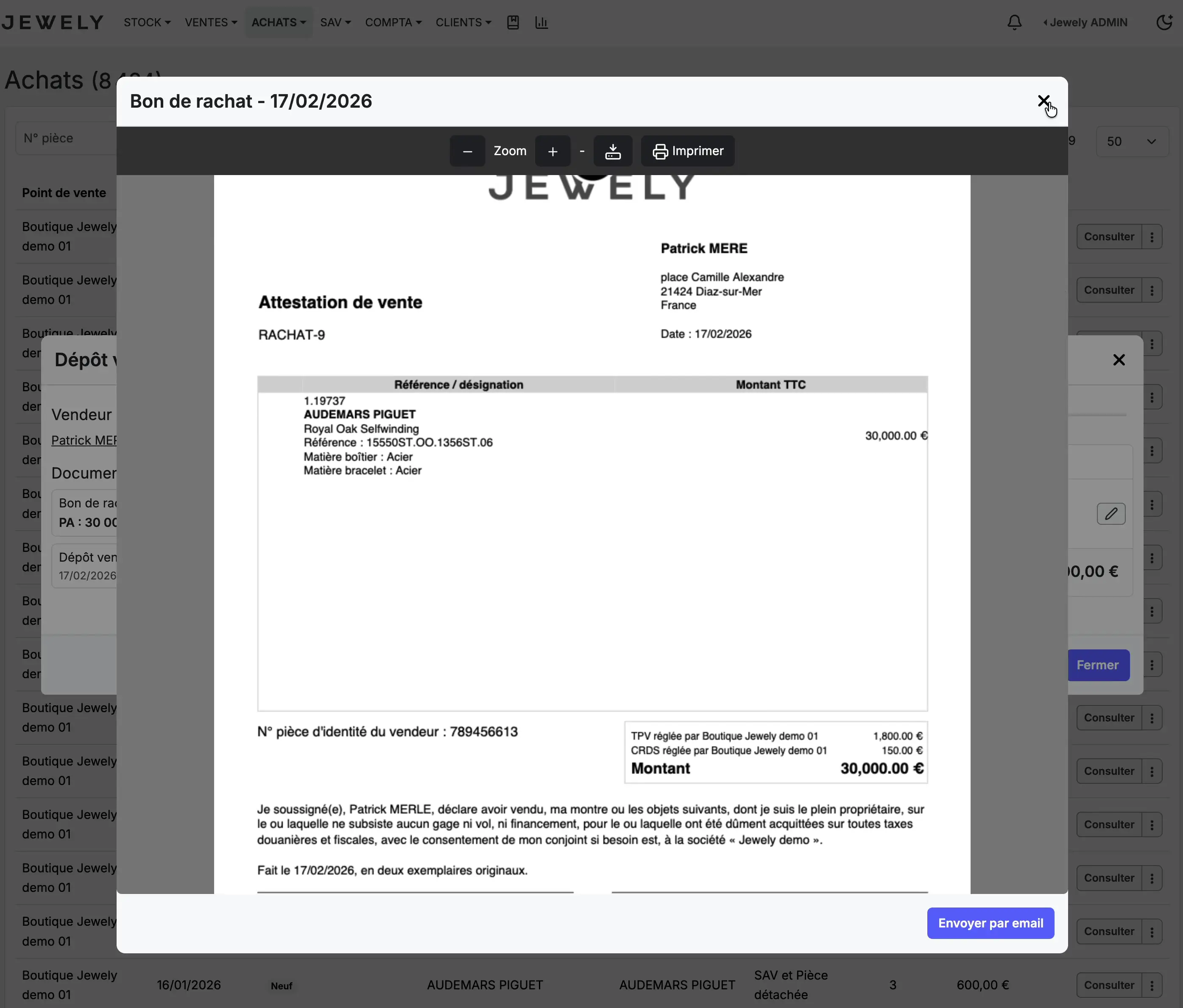 Anteprima del voucher di riacquisto in formato PDF con il certificato di vendita