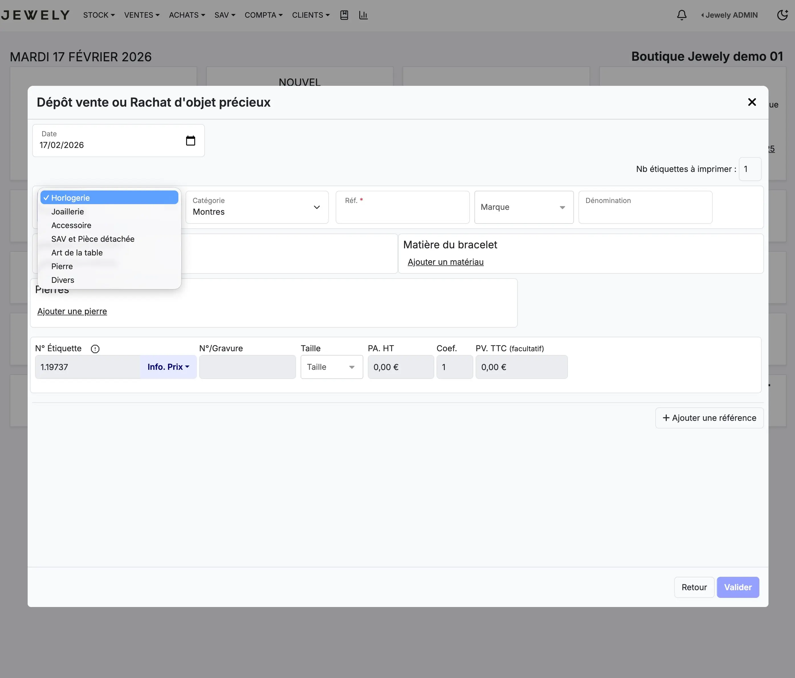 Form with open Family dropdown menu showing options Watches, Jewelry, etc.