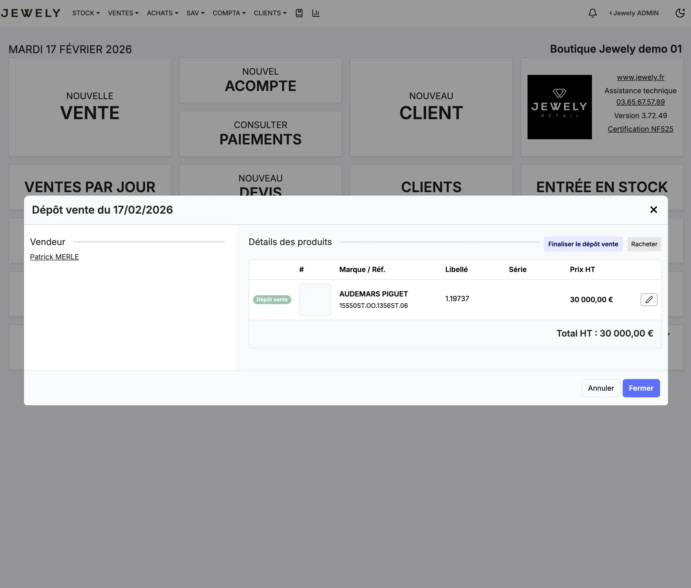 Message: Operation successful and consignment store summary window with product details