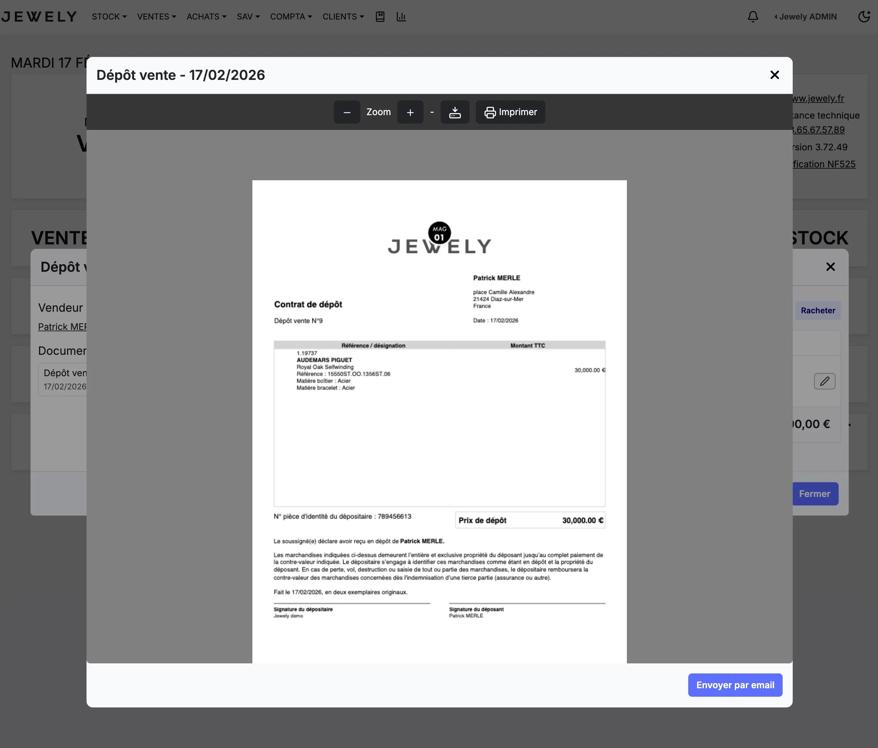 Consignment agreement in PDF format with details of the AUDEMARS PIGUET watch and signatures