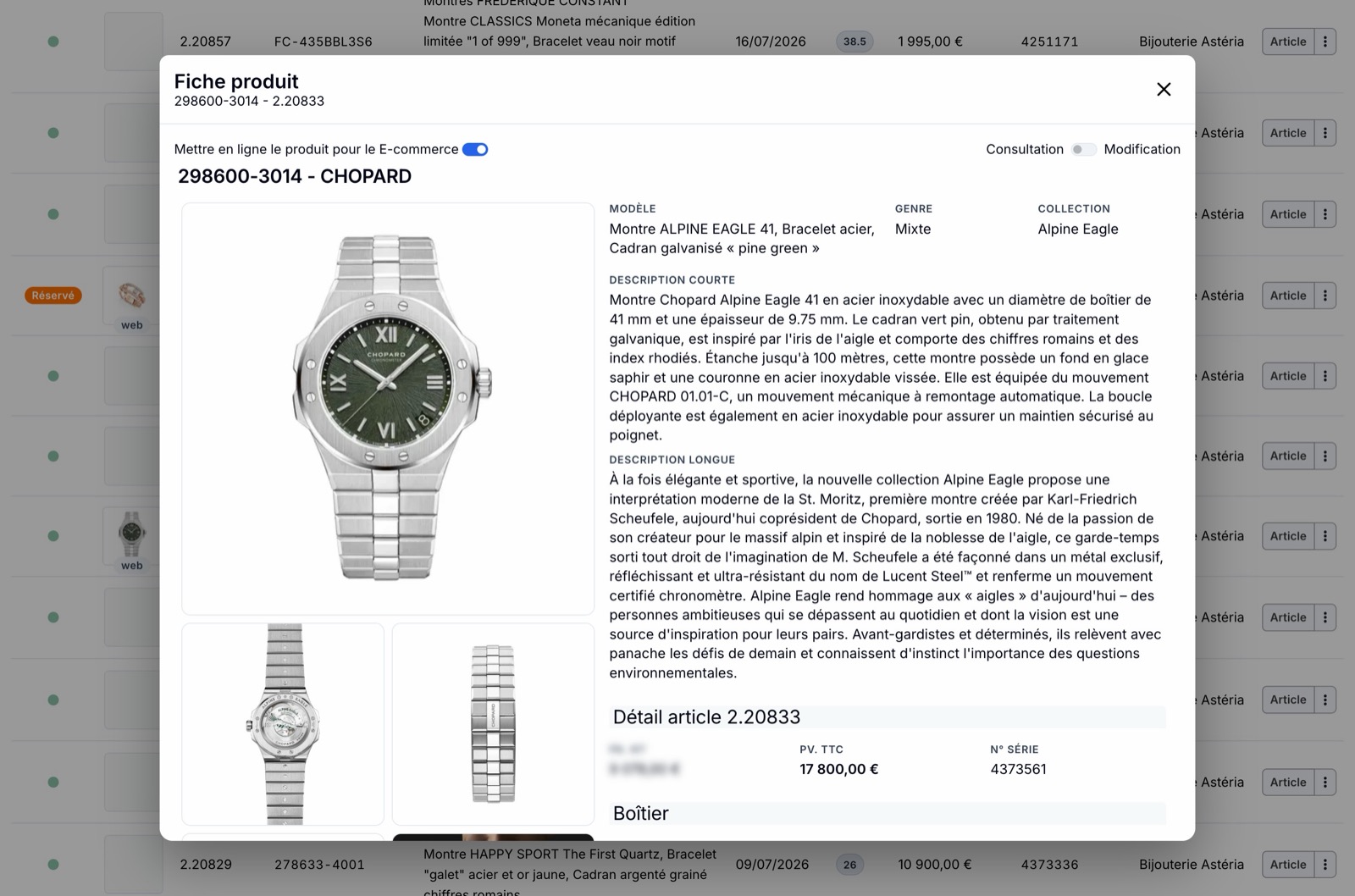 Fiche produit d'une montre dans l'ERP Jewely Retail