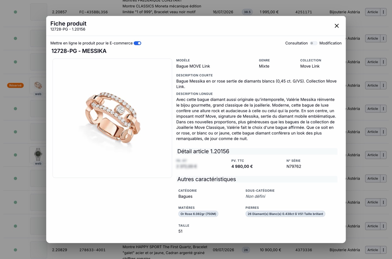 Fiche produit d'un bijou dans l'ERP Jewely Retail