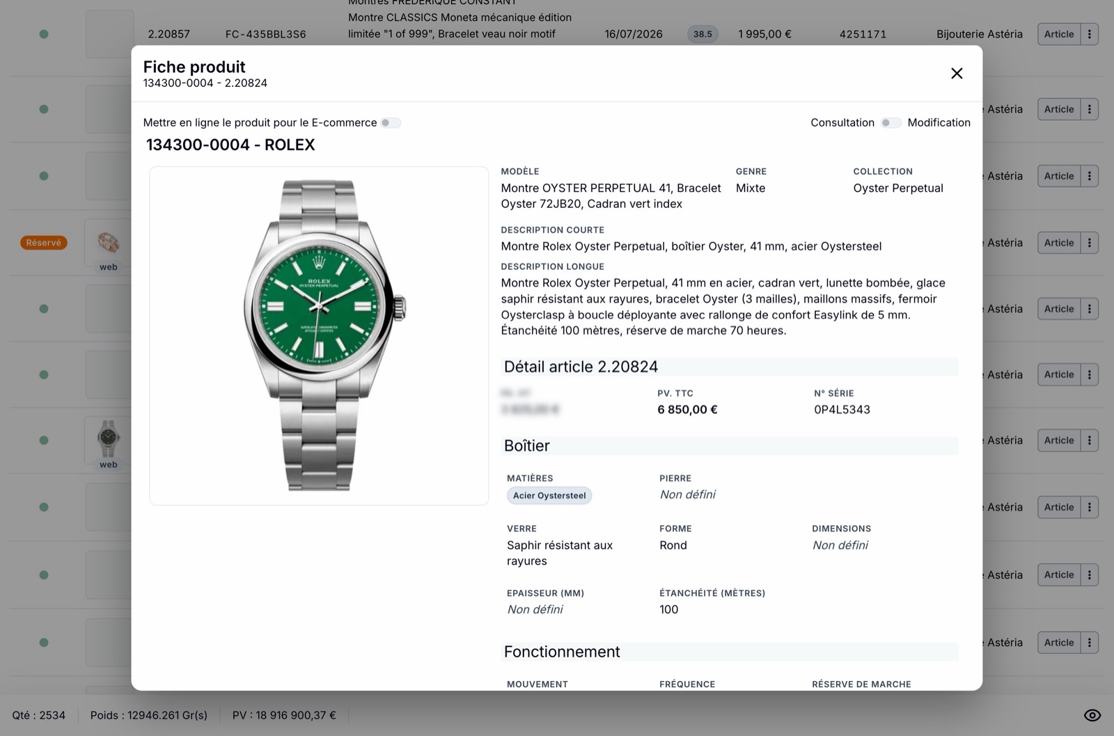 Fiche produit d'une montre dans l'ERP Jewely Retail