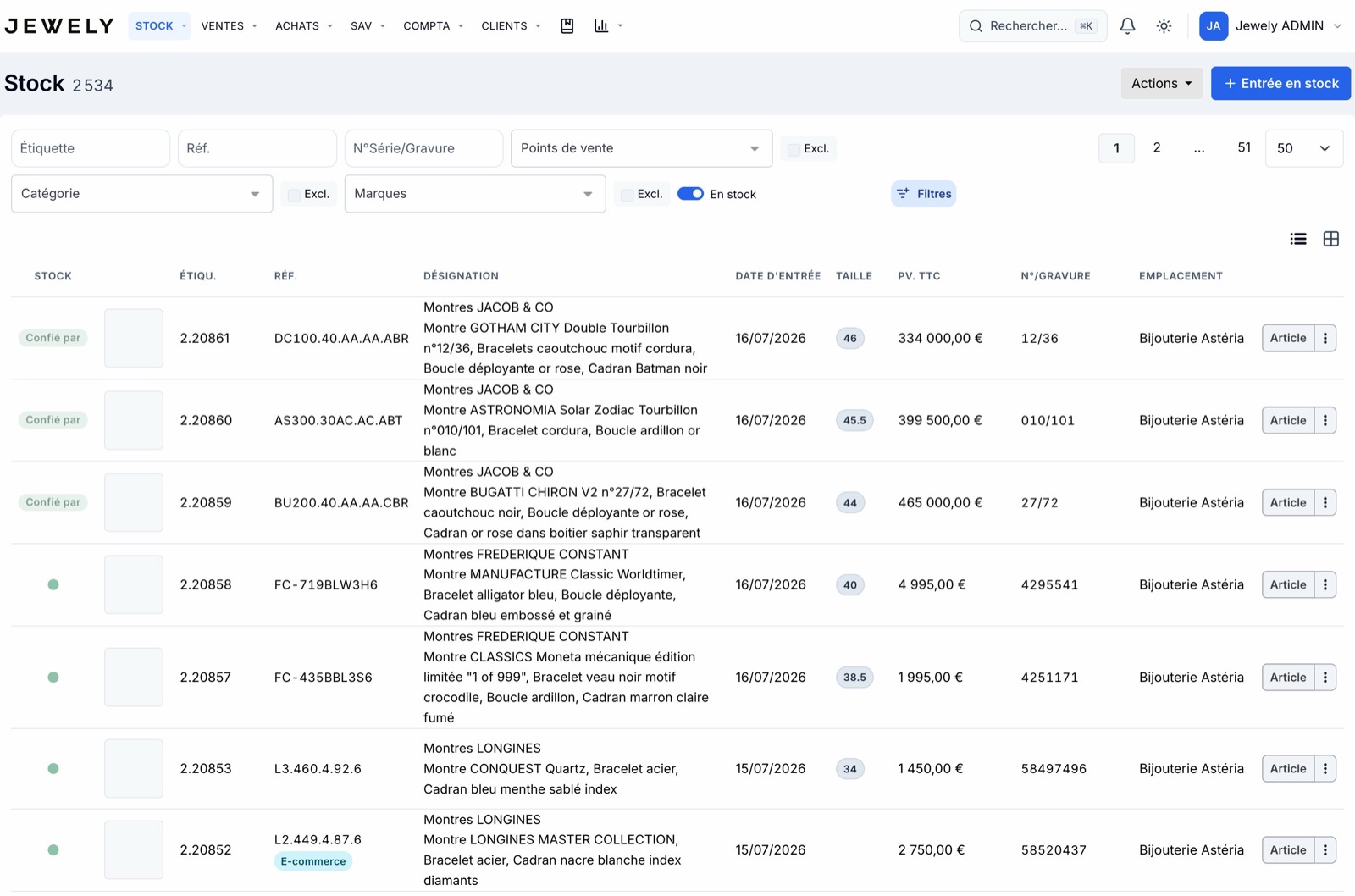 Liste de stock dans l'ERP Jewely Retail